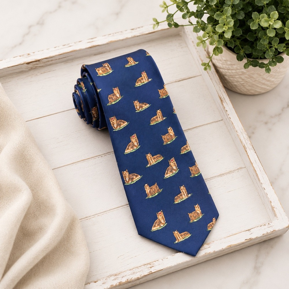 Alynn Neckwear Mens Navy Blue Silk Yorkshire Terrier Yorkie Dog Tie USA groomer